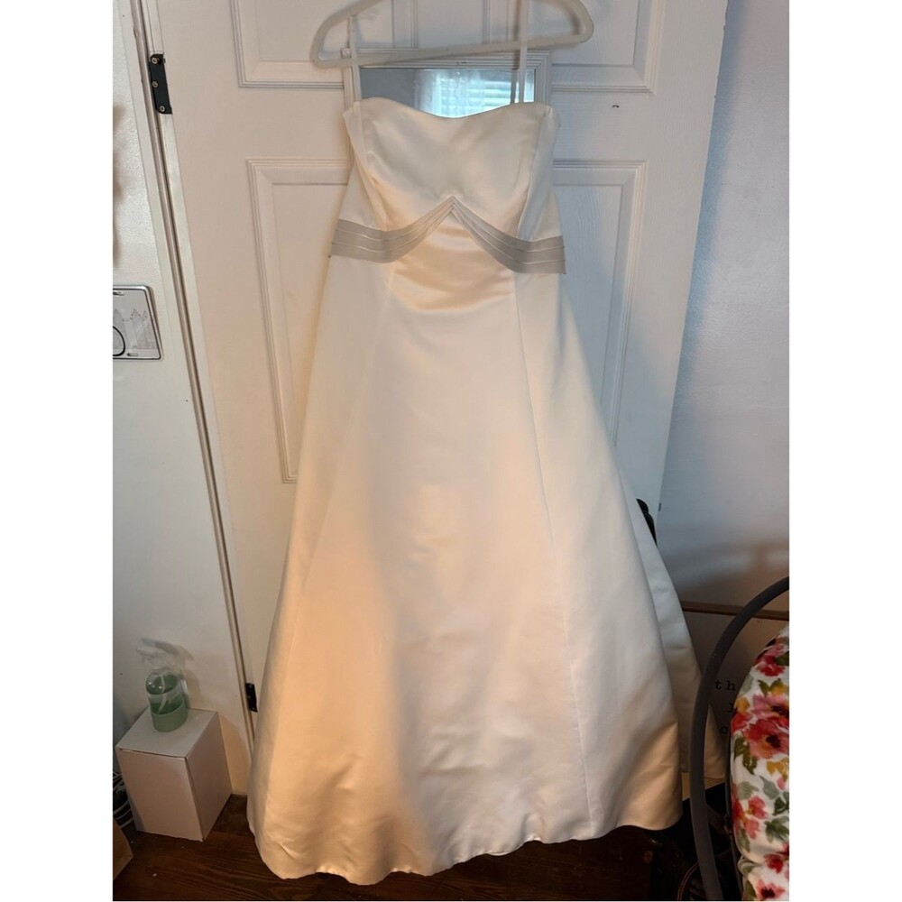 Allure Bridals Ivory A-Line Strapless Satin Wedding Dress with Champagne Detail